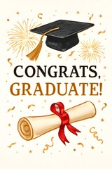 Graduation Party Printable Wall Poster – “Congrats, Graduate!” with Cap, Diploma & Fireworks – 8x10” Celebration Decor