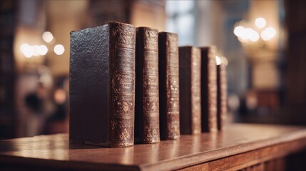 Timeless library scene with leather books and wooden shelves under soft glow, suitable for bookstore ads, educational content, or heritage promotions.