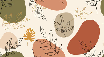 Elegant bohemian seamless pattern featuring line art foliage and abstract organic forms in a warm, earthy color palette.
