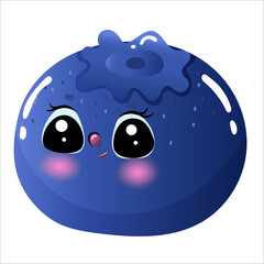 Adorable blueberry cartoon character with big eyes and smile on white background.