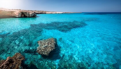 Fototapeta premium crystal clear turquoise waters near ayia napa cyprus with a dark rock formation visible beneath the surface and sunlight reflecting off the sea