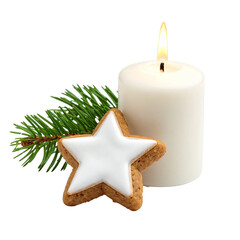 Christmas Candle with Star Cookies and Fir Branches Isolated on Transparent Background

