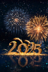 Brilliant multicolored fireworks bursting in the dark sky, perfect for use in New Year greeting cards or holiday backgrounds.