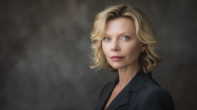 Studio portrait of confident female professional in suit, suitable for corporate ads, career development, or diversity promotions.