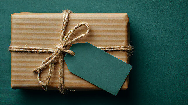Kraft paper wrapped gift tied with twine featuring a teal gift tag present brown paper