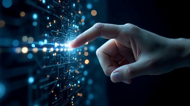 Hand presses glowing button on digital circuit, triggering energy ripple across futuristic interface.
