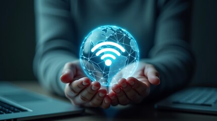 Businessman using a laptop to connect with the global network