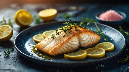 Cooked salmon fillet served with lemon slices on a dark plate, garnished with fresh herbs.