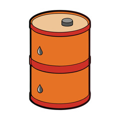 A sturdy, cylindrical oil drum made of steel, used for storing and transporting fuel or lubricants. Often seen in industrial sites, workshops, or shipping yards.
