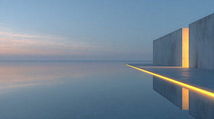 Minimalist architecture with glowing light against tranquil water and sky abstract building