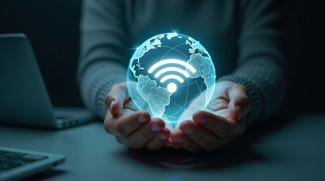 Global internet security concept with a businessman holding a transparent digital globe while working on a laptop with a computer virus alert on the screen