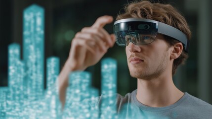 Man using augmented reality headset to interact with digital projections in modern space