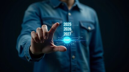 Businessman using his finger to press a virtual button on a touchscreen to access business information