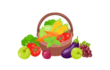 Wicker basket with fresh vegetables and fruits isolated on white background. Vector cartoon flat illustration. Harvest icon.