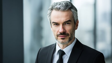 Fototapeta premium Professional figure in formal wear against soft background, suitable for business campaigns, digital presentations, or leadership materials, emphasizing strategic insight and modern professionalism.