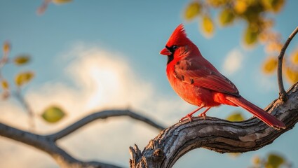 Bright red cardinal bird perched on a tree branch against a sky with clouds and leaves.