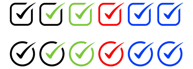 Iconic Checklist Marks: A collection of essential checkmark icons, offering a clean and versatile set of symbols for indicating choices or completion. Perfect for digital interfaces and design needs.