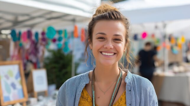 Smiling woman at a vibrant outdoor market showcasing handmade crafts and art