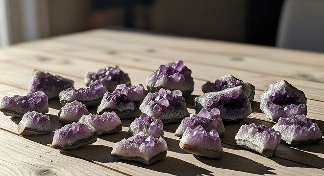 Sunlit collection of natural amethyst geodes and purple crystal clusters on a rustic wooden surface