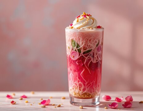 Indulgent pink rose falooda dessert drink with vermicelli noodles and whipped cream, a sweet romantic beverage concept