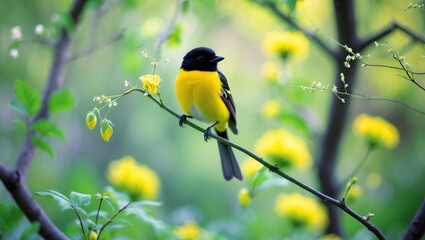 Obraz premium A vibrant yellow and black bird perched on a branch amidst green leaves and yellow flowers, surrounded by a soft, natural background.
