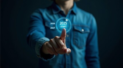 Businessman using his finger to press a digital button on a futuristic touchscreen for success and future business technology