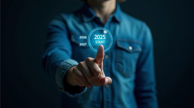 Businessman using his finger to press a digital button on a futuristic touchscreen for success and future business technology