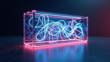 Illuminated Abstract Geometric Shape Contained Within a Clear Rectangular Prism