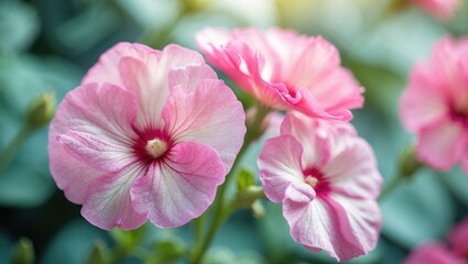 Pink and white striped flowers, likely petunias, in bloom.