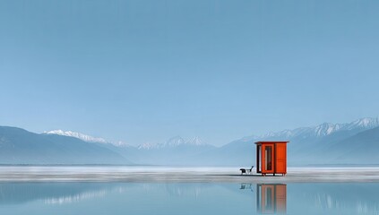 Tranquil red cabin on a frozen lake, mountains in the background