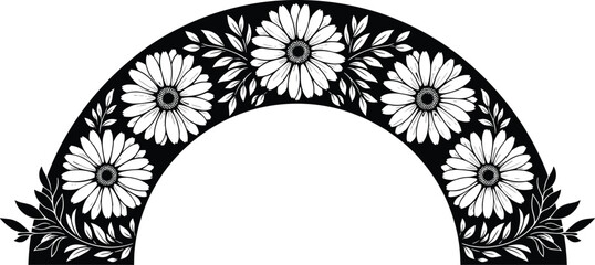Arched floral silhouette design with six detailed blooms, ornamental vector tattoo element for architecture, invitations, and decorative graphics