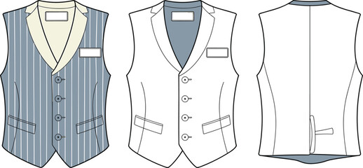 Men’s vest design illustration, front and back view, pinstriped and plain style, lapel detail, strap back, fashion sketch, template