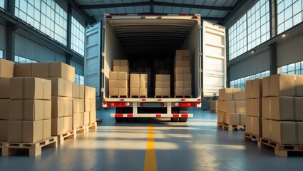 A truck inside a warehouse with boxes on pallets ready for shipment or storage.