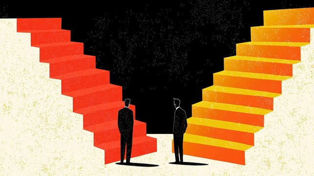 businessman stands at a fork in a minimalist staircase, both paths descending into darkness. He looks down, contemplating the equally grim choices presented by an economic downturn. Focus on 