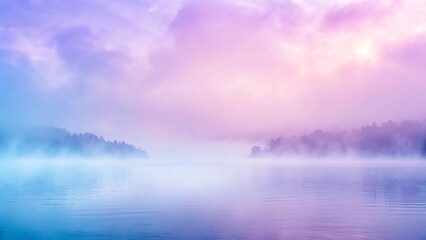 Fototapeta premium Dreamy pastel dawn mist blankets serene lake with tranquil forest silhouettes creating peaceful ambiance