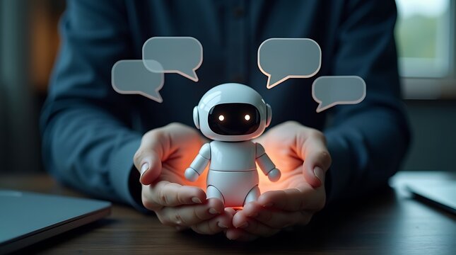 Futuristic Chatbot in Human Hands: A state-of-the-art, luminescent chatbot is held gently, speech bubbles hovering, symbolizing intelligent interaction and the future of communication. - Powered by Adobe