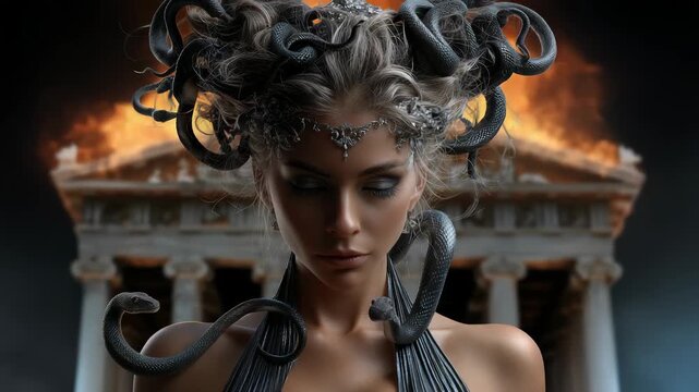 Tale Gorgon Jellyfish: divine curse, Medusa crown, petrified beauty, Olympian fate, serpent strand, sacred temple, marble echo, cursed vision, mortal statue, ancient ruin, tragic myth.