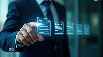Digital Invoice: A hand in a business suit interacts with a digital invoice in a futuristic, tech-savvy office setting, symbolizing modern financial transactions and efficient data management.