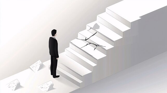 businessman standing beside a broken, minimalist railing on a staircase where steps are clearly unstable, emphasizing failed financial systems and the lack of support during a recession. businessman, 