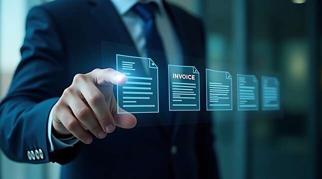Digital Invoice: A hand in a business suit interacts with a digital invoice in a futuristic, tech-savvy office setting, symbolizing modern financial transactions and efficient data management.