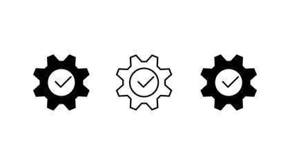 Easy to install vector line icon isolated on white background. Abstract technical symbol for simple installation, gear pictogram with check mark, hassle free mending emblem
