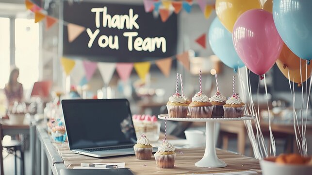 Celebratory Office Space with Cupcakes, Balloons, and a Thank You Team Banner