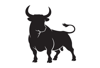 Black silhouette of a powerful bull with curved horns standing on a white background animal