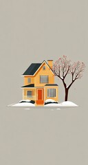 A cartoonish, two-story, light orange house sits on a snowy landscape with a bare, reddish-brown tree.  Simple, flat design