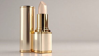 Creamy nude lipstick in gold casing.  Open and closed cases.  Studio shot