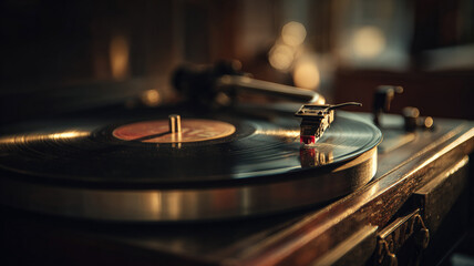 Obraz premium Vintage Vinyl Record Player Turntable with Needle - Retro Music and Analog Audio Equipment
