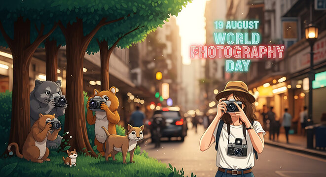 A young man holds a DSLR camera up to his eye, celebrating World Photography Day on August 19th, with bokeh lights surrounding him. - Powered by Adobe