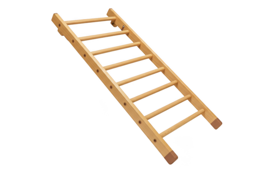 Natural wood climbing ladder with seven rungs isolated on transparent background