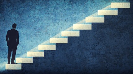 staircase with sharp shadows leading upward while businessman stands in silhouette at the base, unsure to begin. Crisis atmosphere with minimalist tension. sharp shadows, upward staircase, silhouette 