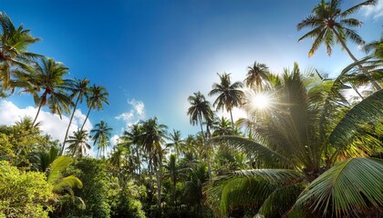 lush tropical jungle scene featuring majestic palm trees bathed in bright sunlight against a vibrant blue sky